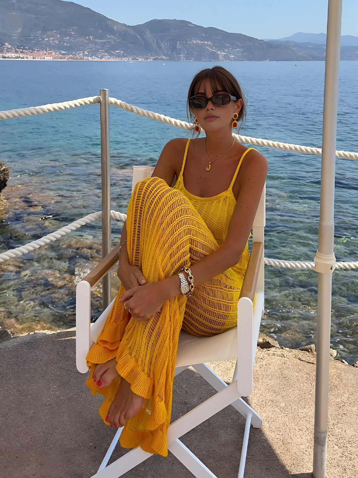 Openwork Knit Ruffle Midi Dress — Yellow — Svelte Chic