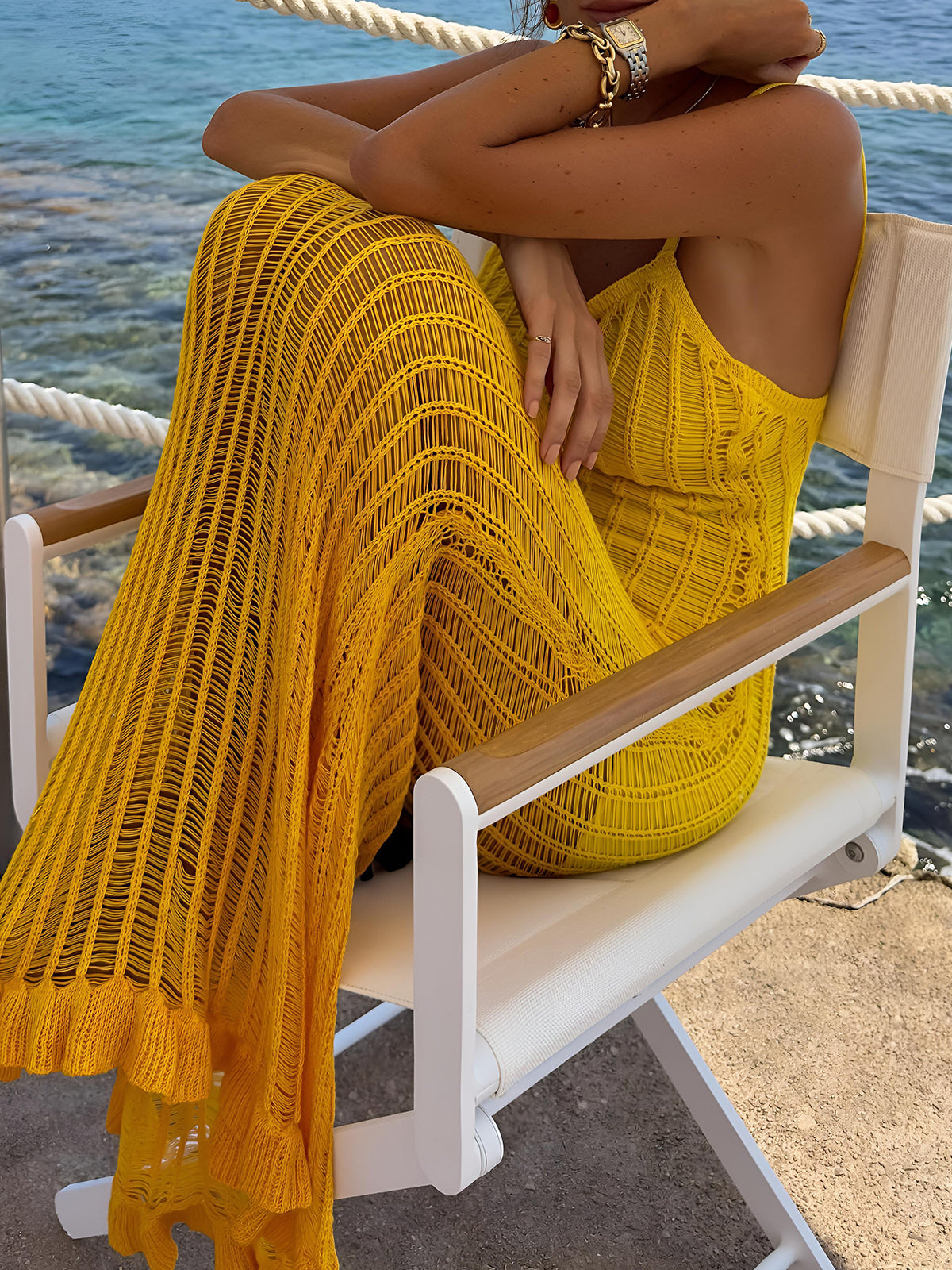 Openwork Knit Ruffle Midi Dress — Yellow — Svelte Chic