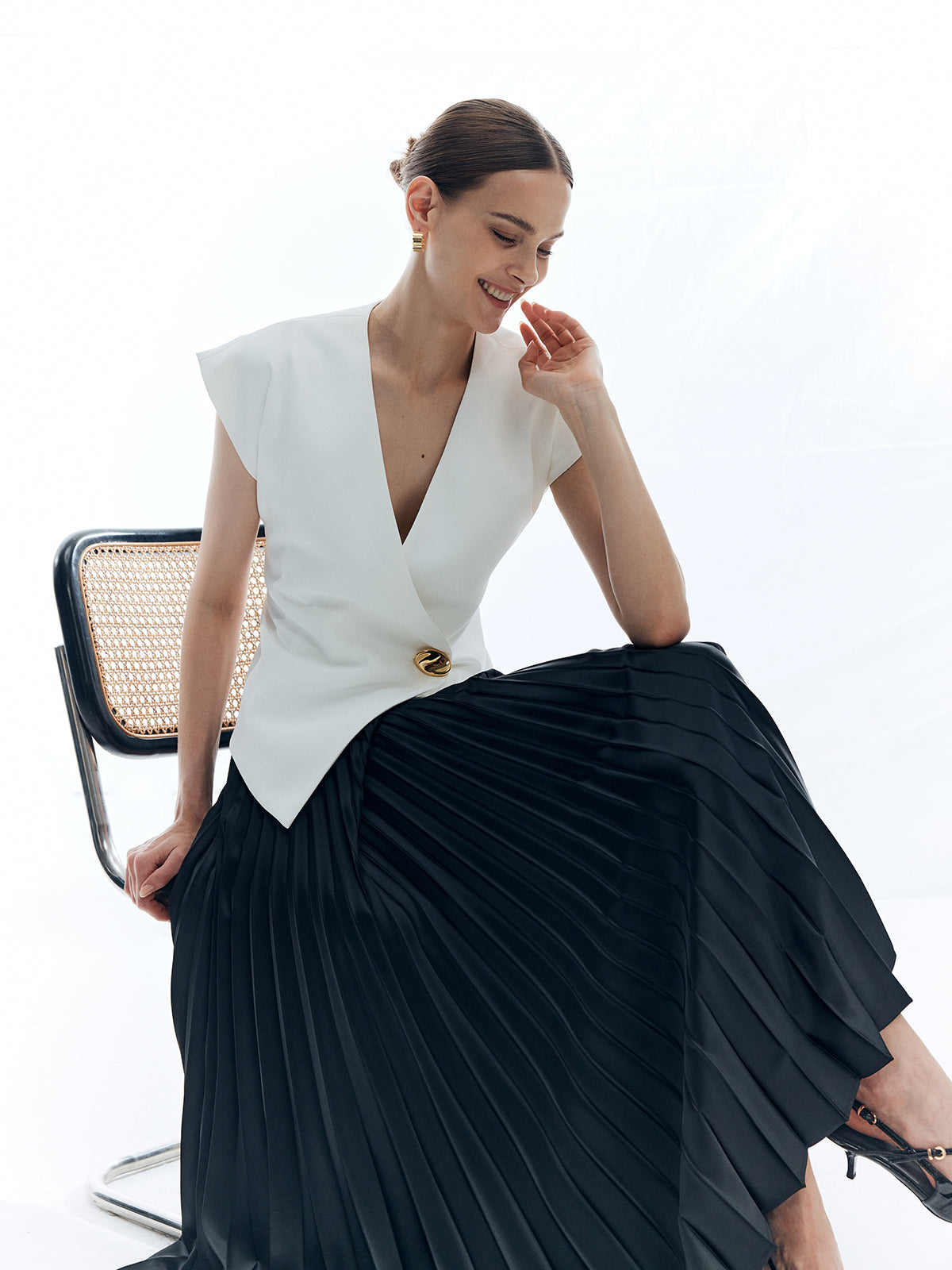 V-Neck Metal Button Sleeveless Shirt — White in White — Svelte Chic