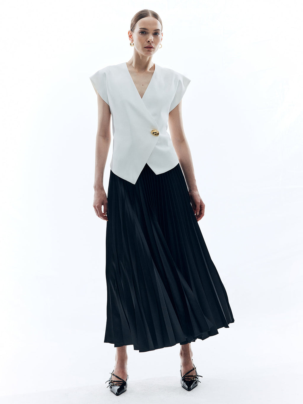 V-Neck Metal Button Sleeveless Shirt — White — Svelte Chic