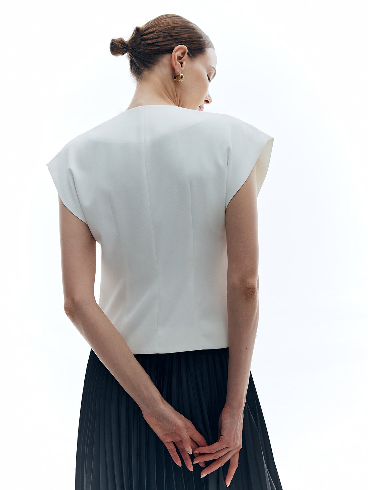 V-Neck Metal Button Sleeveless Shirt — White — Svelte Chic