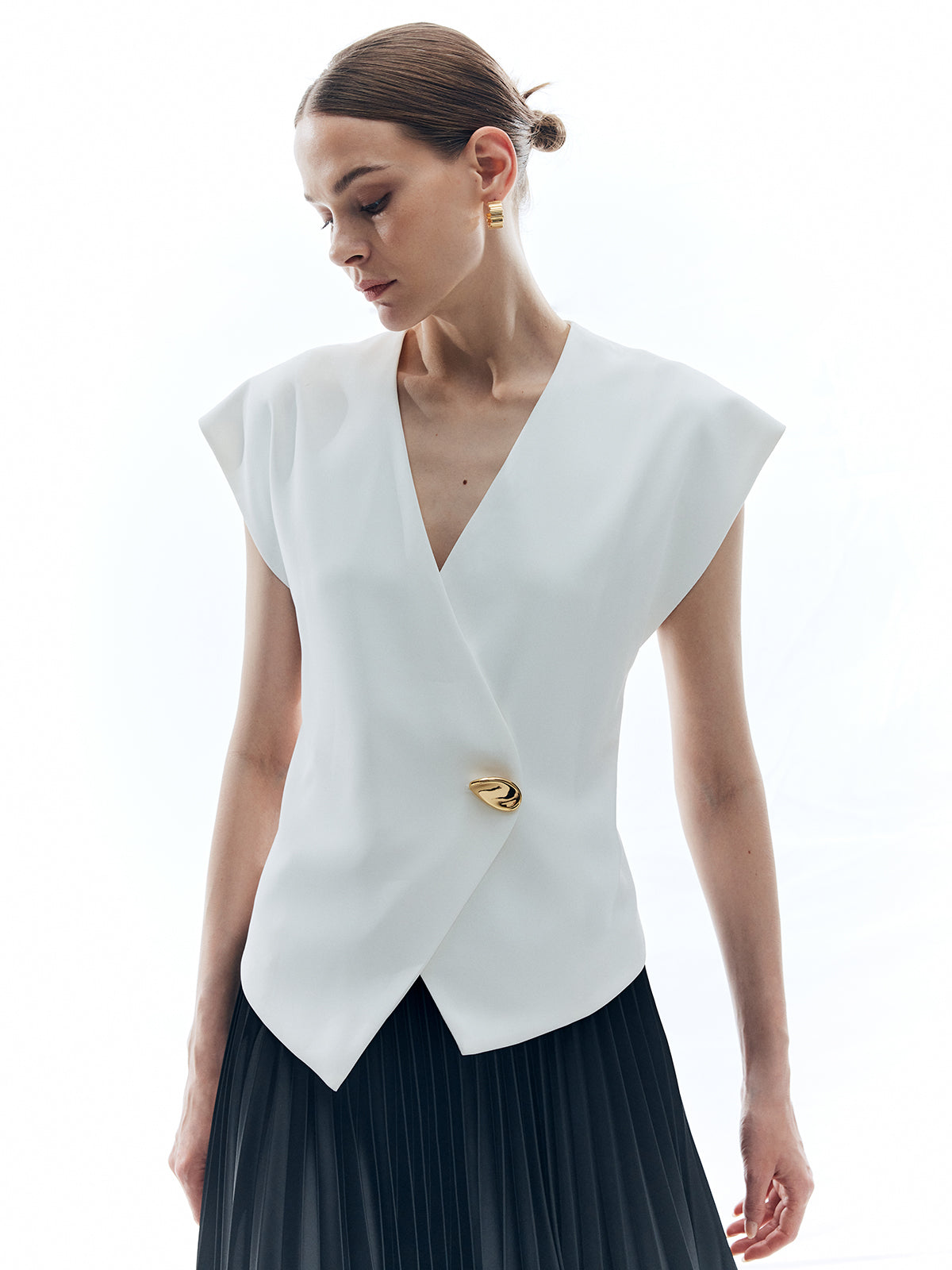 V-Neck Metal Button Sleeveless Shirt — White — Svelte Chic