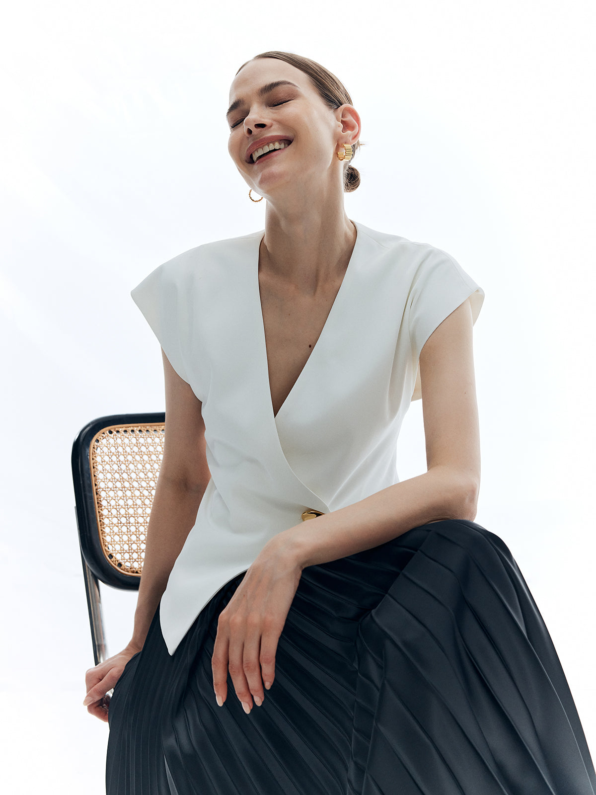 V-Neck Metal Button Sleeveless Shirt — White — Svelte Chic