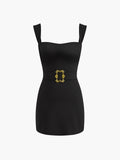 Square Neck Belted Mini Dress — Black — Svelte Chic