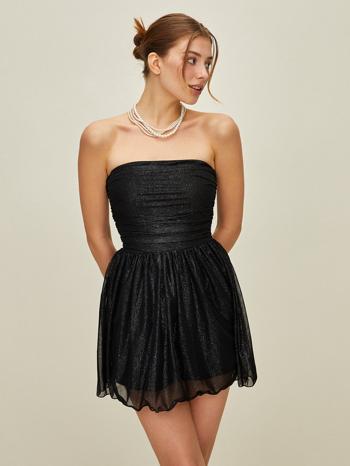 Off-Shoulder Sequin Knotted Mesh Dress — Black — Svelte Chic