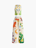 Print Sleeveless Trouser Set — Ecru & Green Batik in White — Svelte Chic