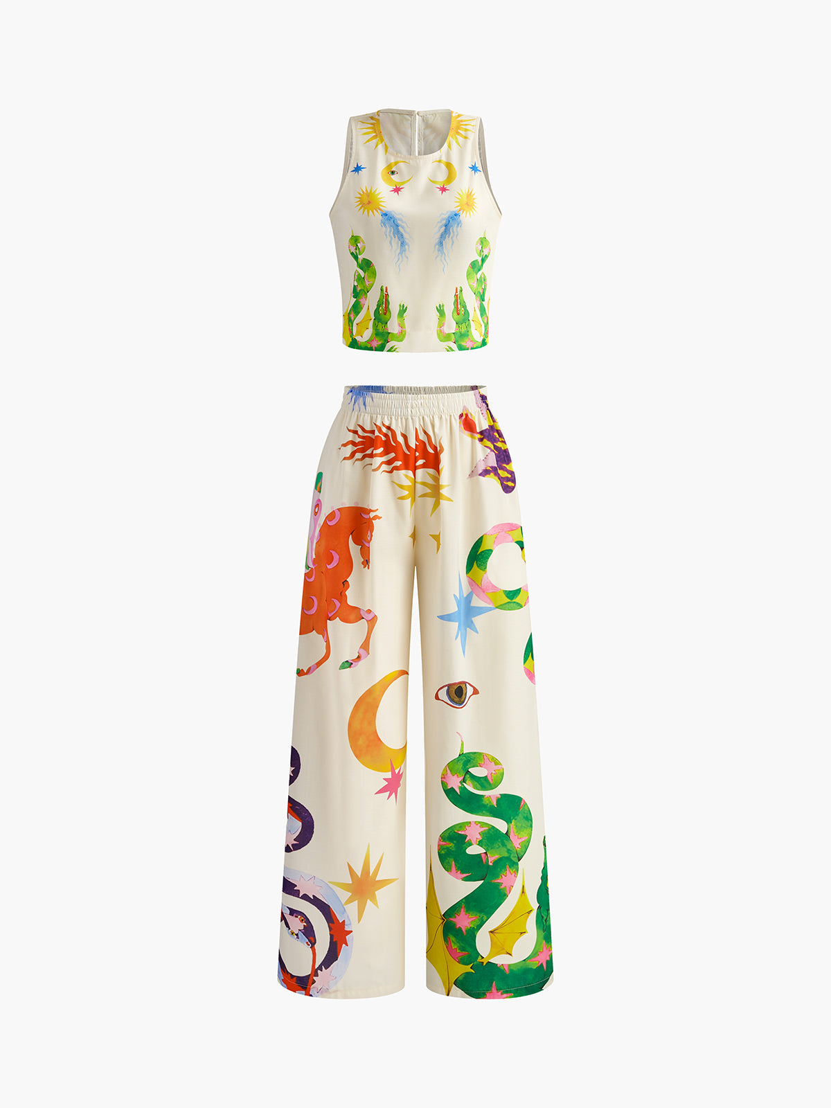 Print Sleeveless Trouser Set — Ecru & Green Batik in White — Svelte Chic