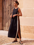 Contrast Trim Split Sleeveless Midi Dress — Black in Black — Svelte Chic
