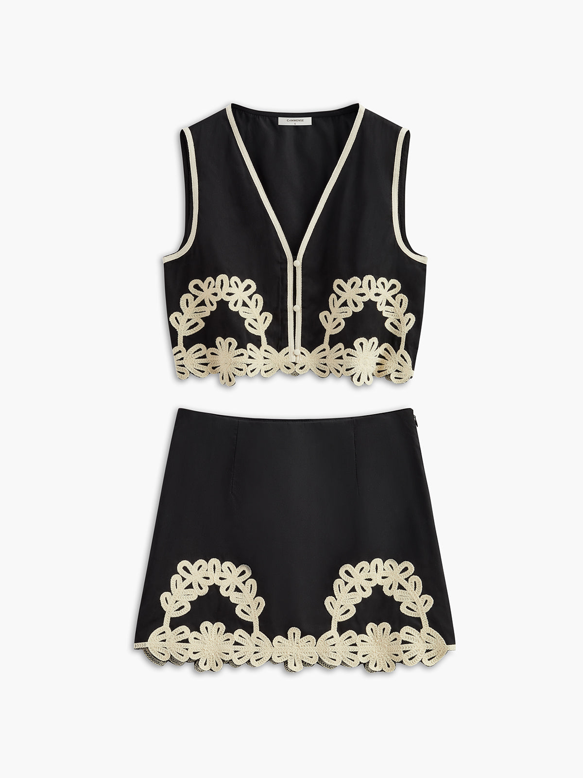 Embroidered Sleeveless Skirt Set — Black — Svelte Chic