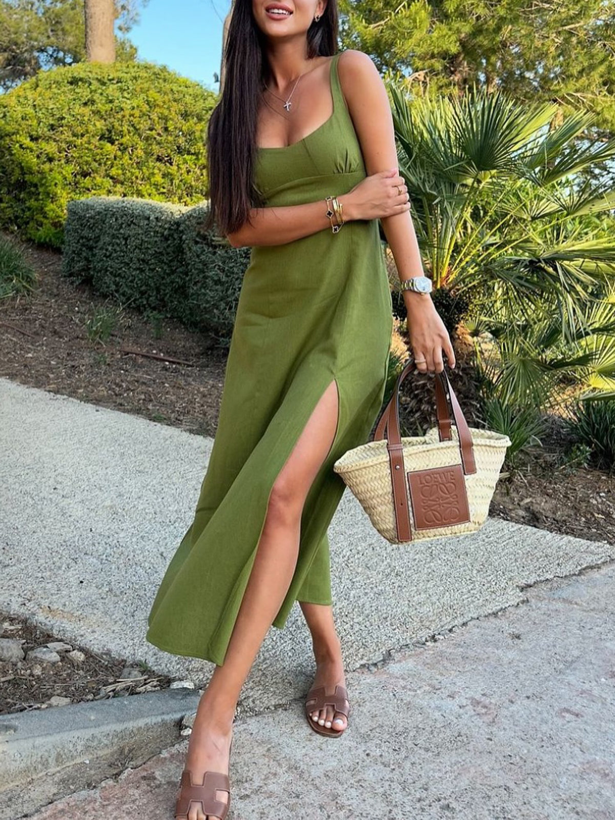 Split Square Neck Sleeveless Midi Dress — Green — Svelte Chic