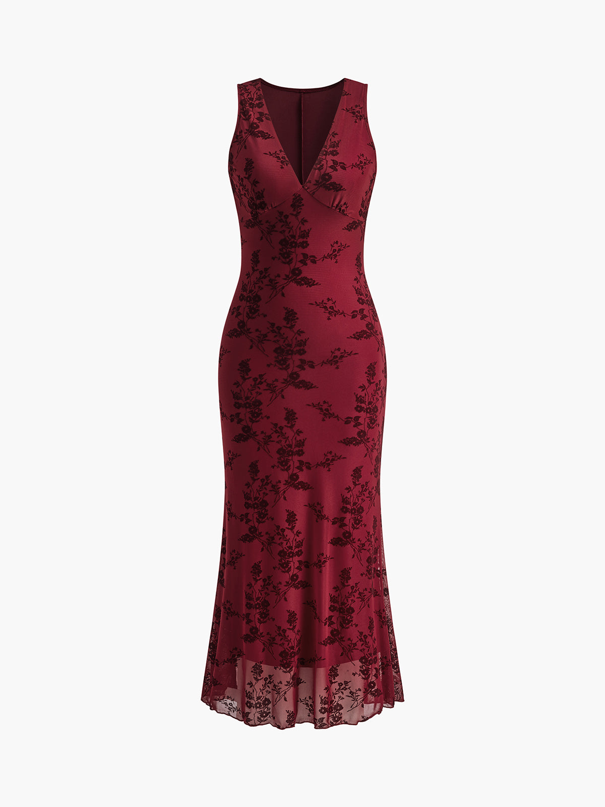 Print Mesh V-Neck Maxi Dress — Burgundy in Burgundy — Svelte Chic