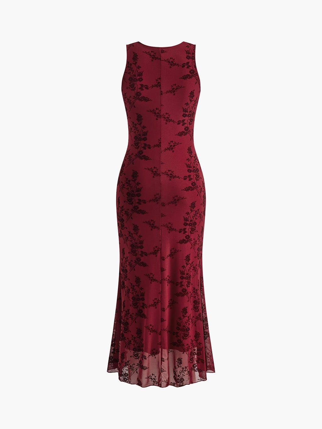 Print Mesh V-Neck Maxi Dress — Burgundy — Svelte Chic