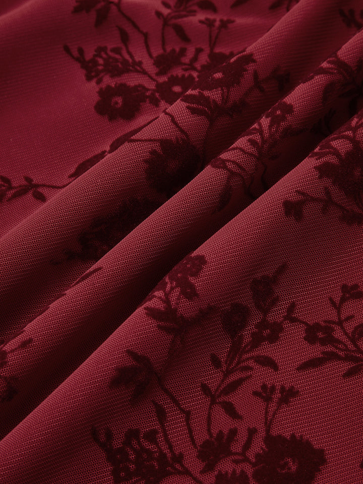 Baskılı File Kolsuz Abiye V Yaka Uzun Elbise