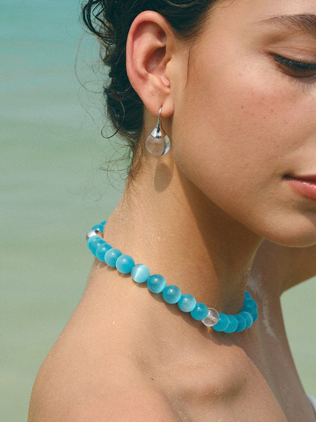 Cat's Eye Beaded Necklace — Light Blue Opal — Svelte Chic