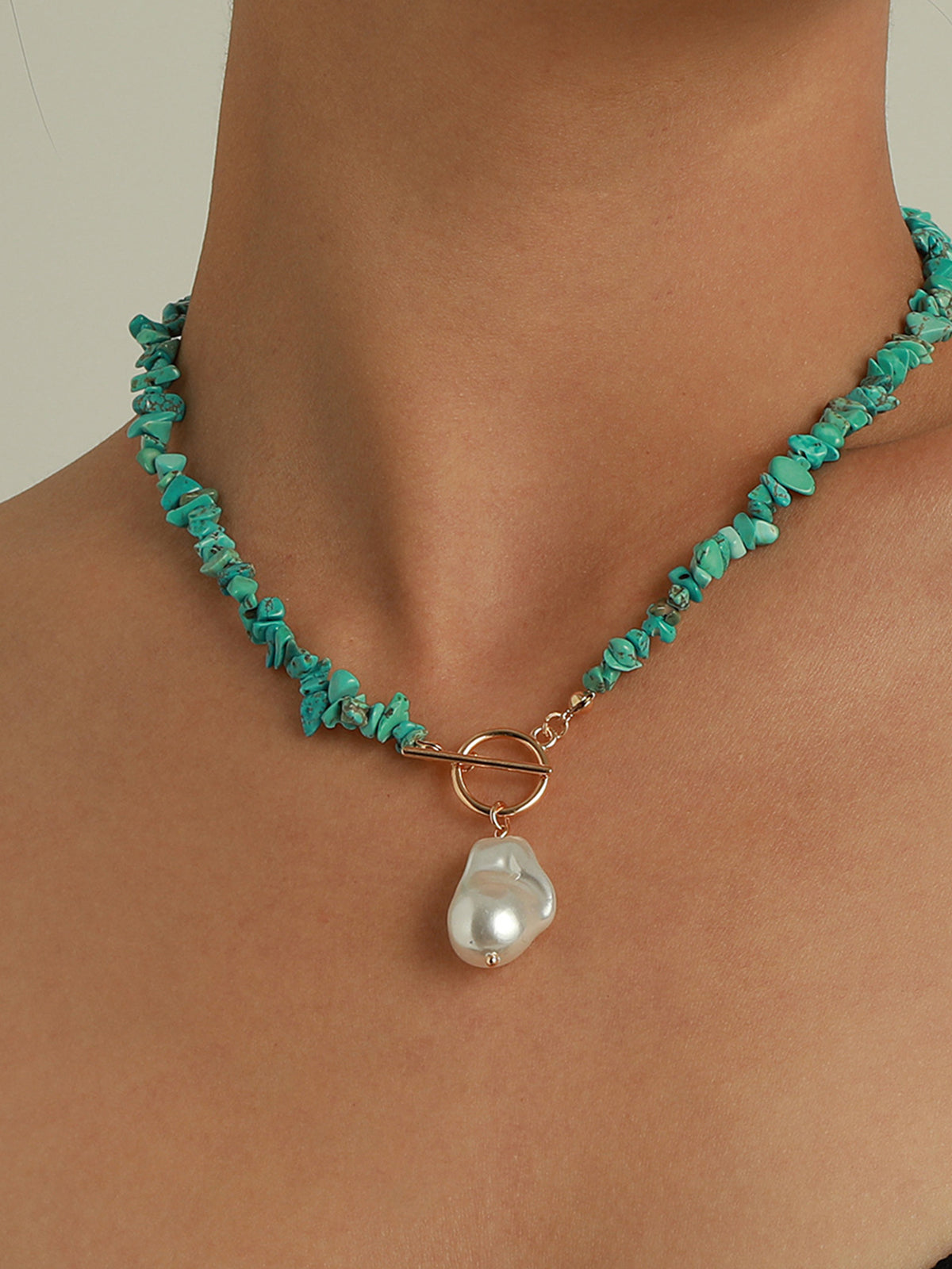 Irregular Pearl & Turquoise Necklace — Green — Svelte Chic