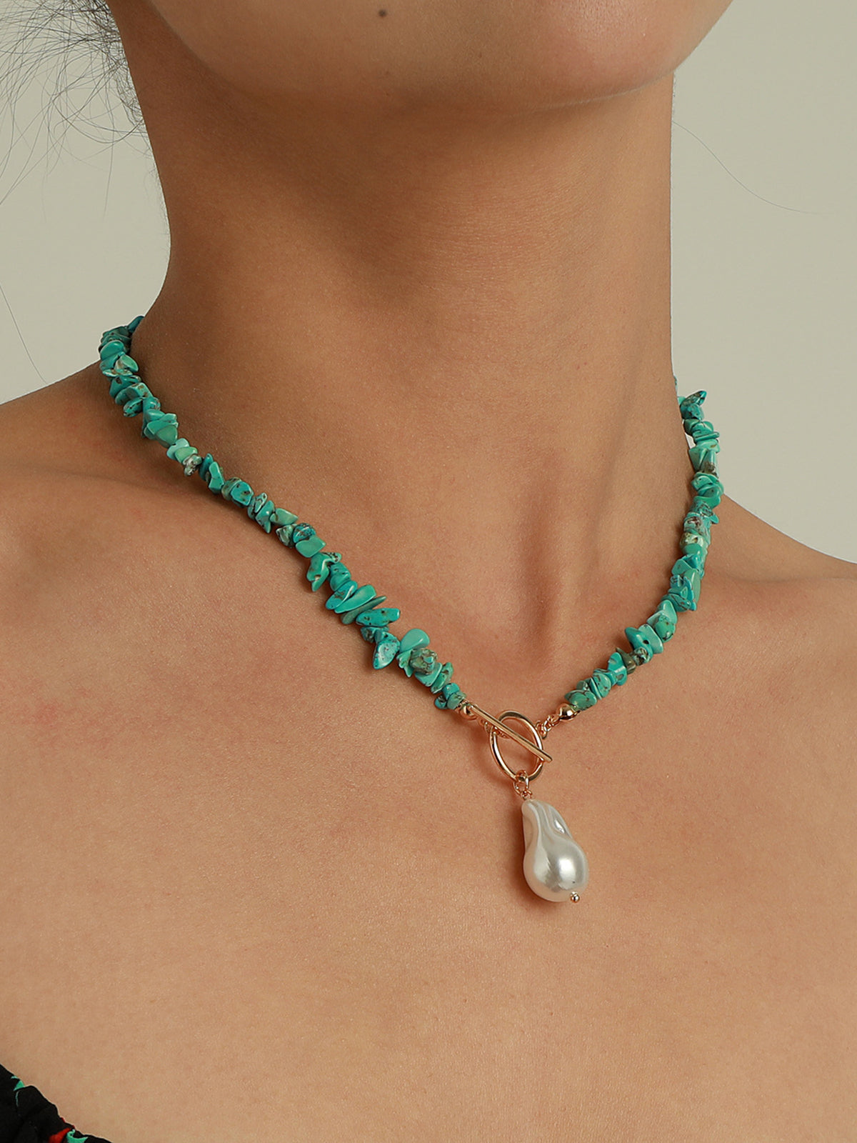 Irregular Pearl & Turquoise Necklace — Green — Svelte Chic