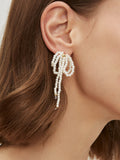Bow Pearl Tassel Earrings — White & Gold in Off-White — Svelte Chic