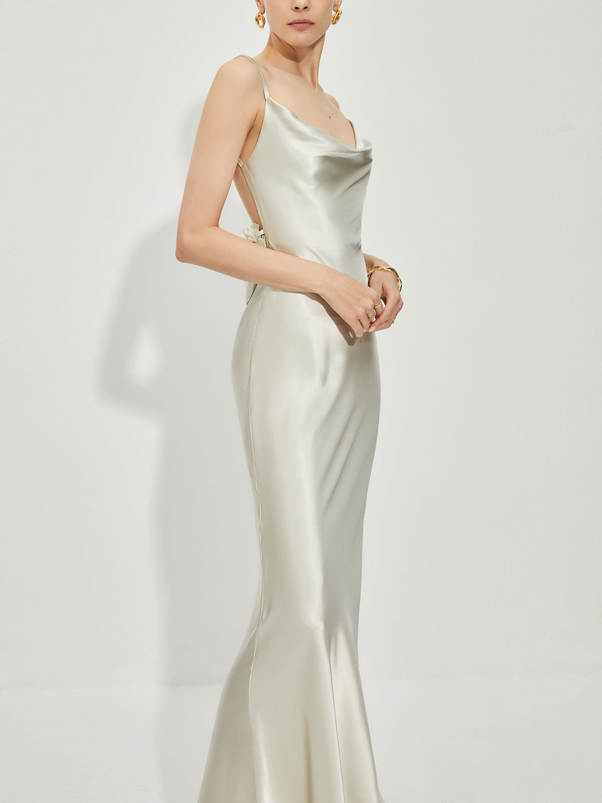 Satin Cowl Neck Backless Maxi Dress — Light Green — Svelte Chic