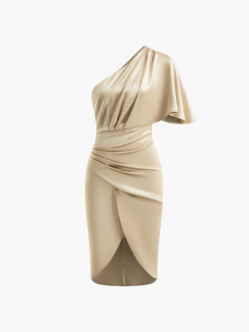 Asymmetric Pleated Midi Dress — Gold One Shoulder in Gold — Svelte Chic