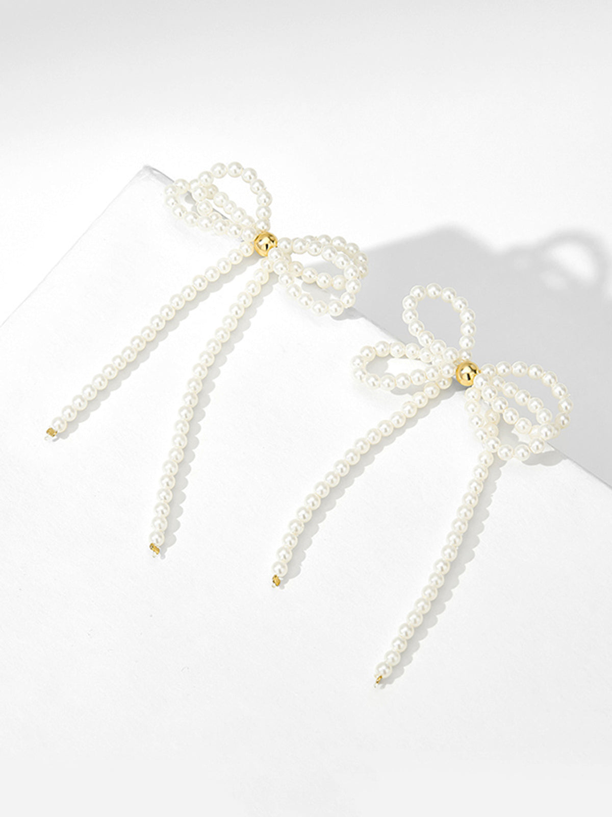 Bow Pearl Tassel Earrings — White & Gold — Svelte Chic