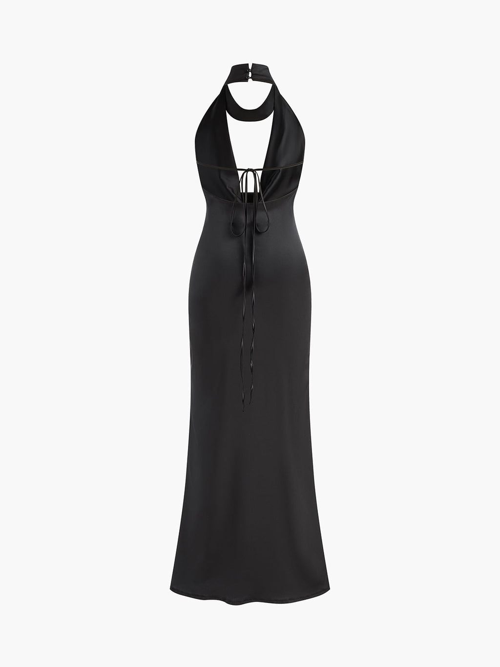 Deep V Halter Satin Maxi Dress — Black — Svelte Chic