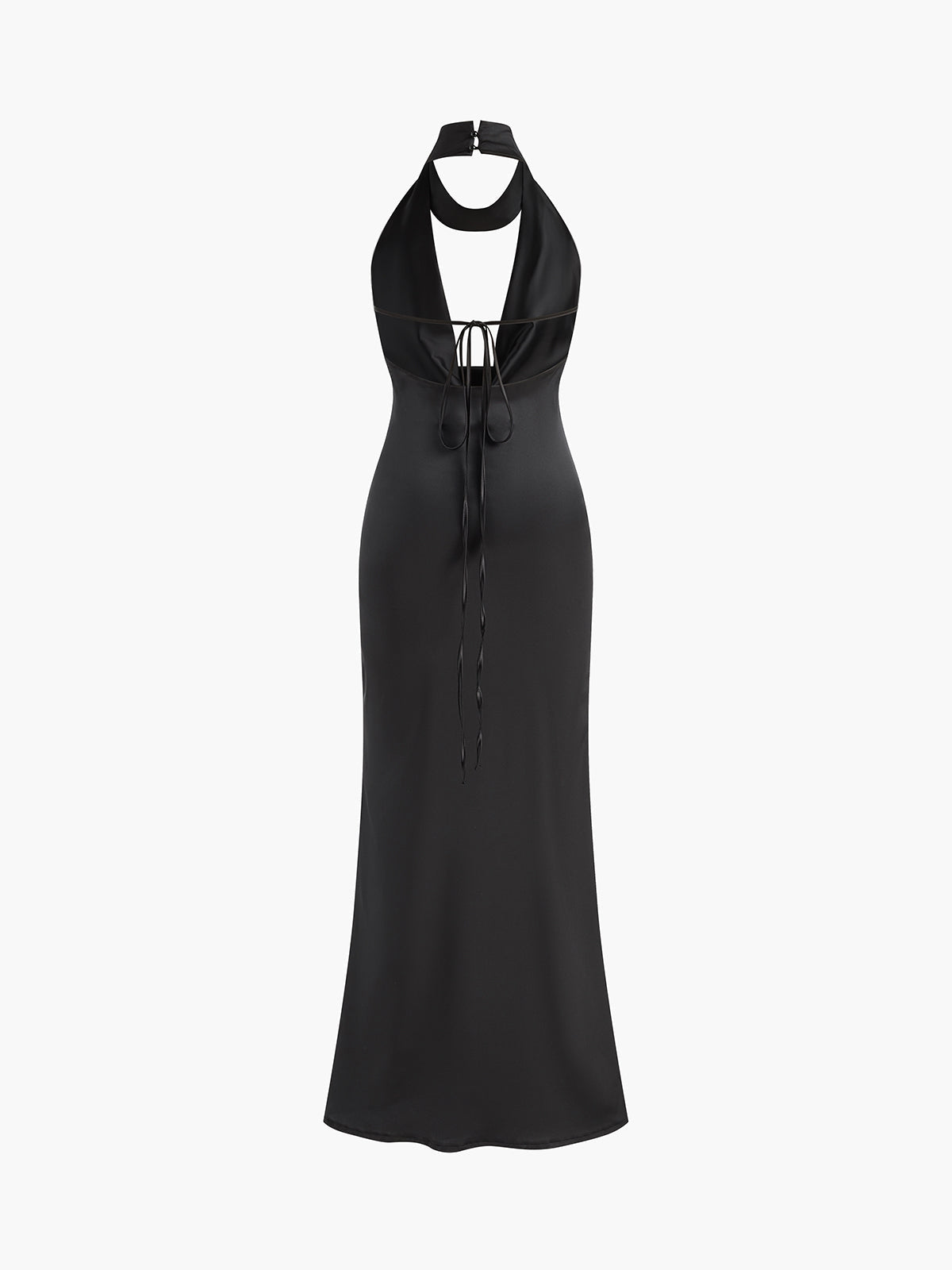 Deep V Halter Satin Maxi Dress — Black — Svelte Chic