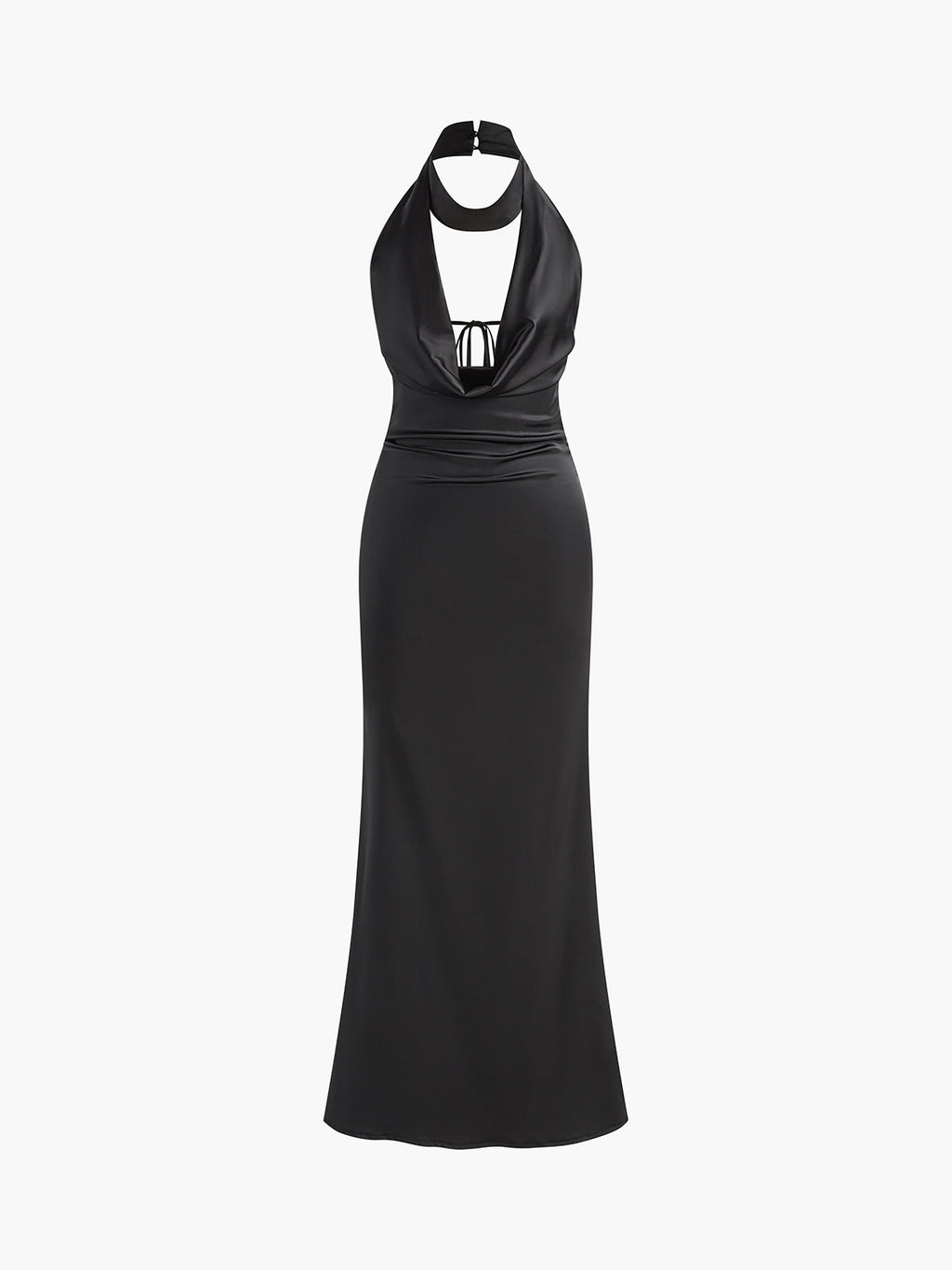 Deep V Halter Satin Maxi Dress — Black — Svelte Chic
