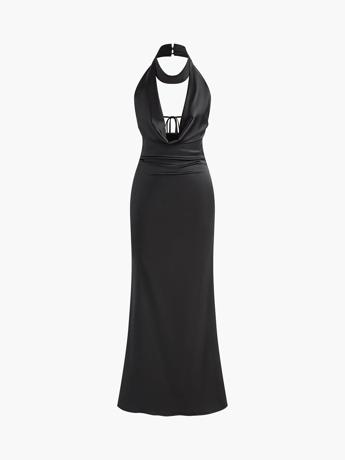 Deep V Halter Satin Maxi Dress — Black — Svelte Chic
