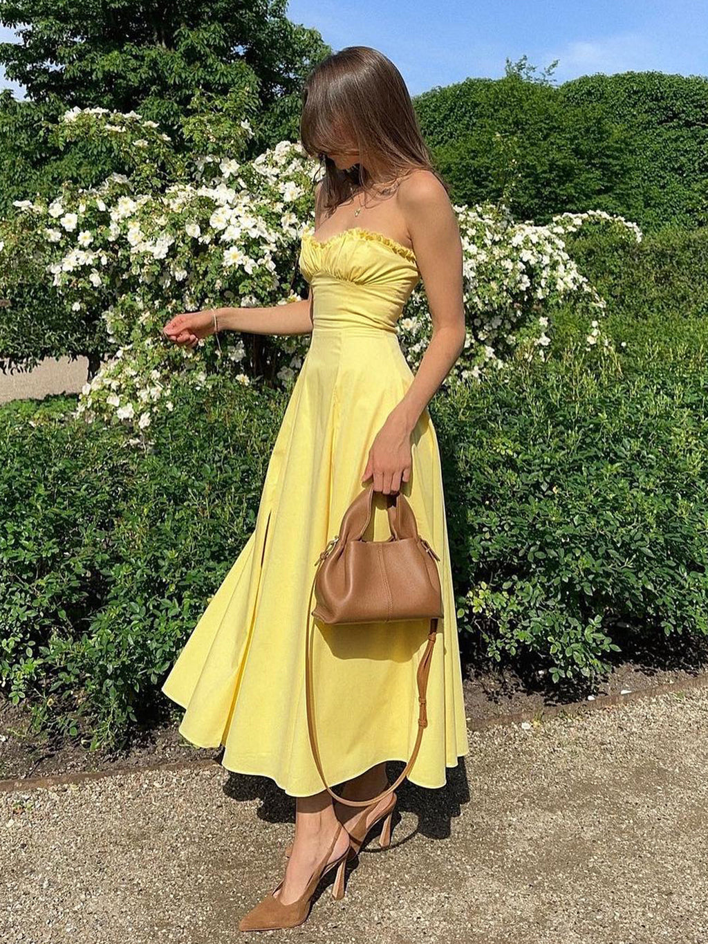Lettuce Trim Split Midi Dress — Yellow in Yellow — Svelte Chic