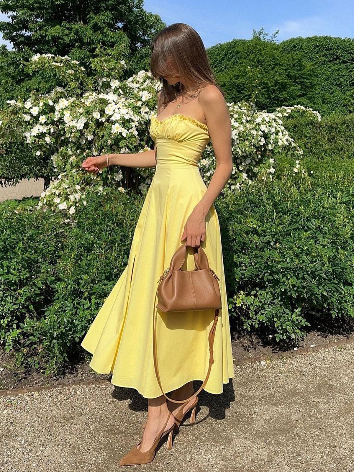 Lettuce Trim Split Midi Dress — Yellow in Yellow — Svelte Chic