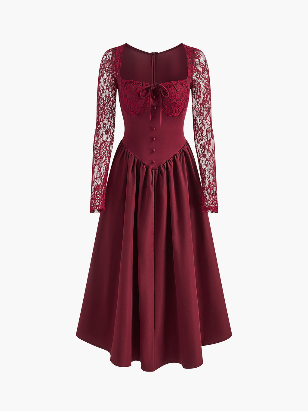 Pleated Lace Sleeve Maxi Dress in Burgundy — Svelte Chic