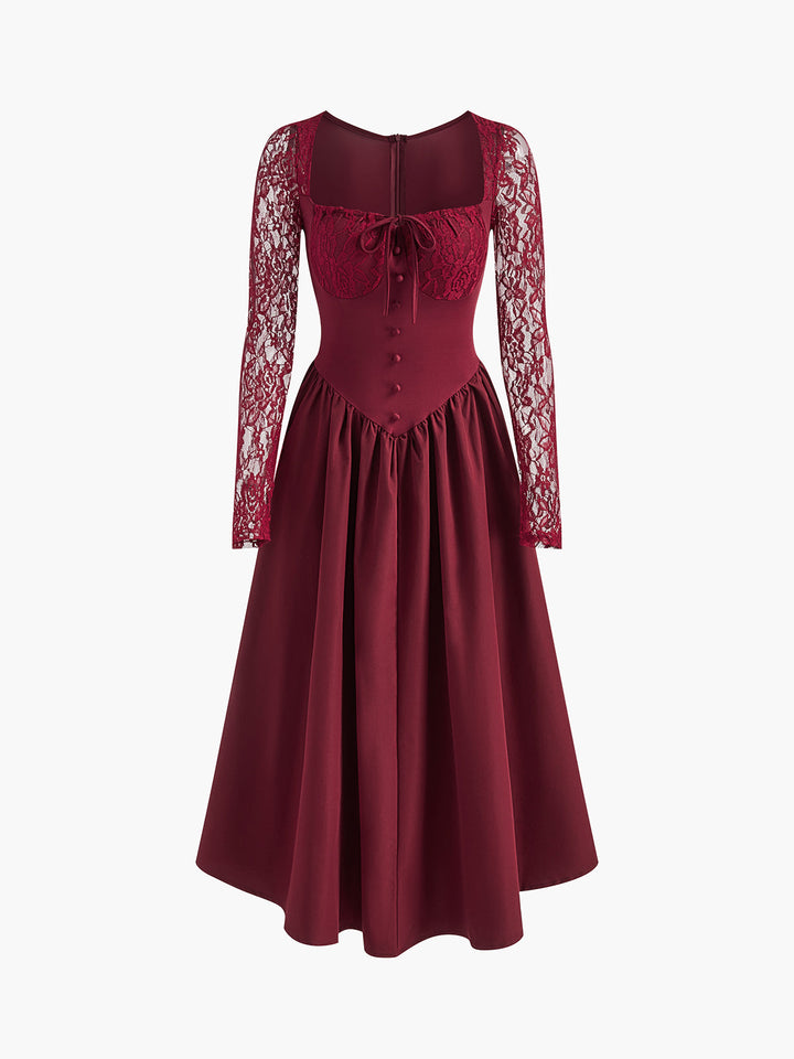 Pileli Dantel Kollu Uzun Abiye Elbise