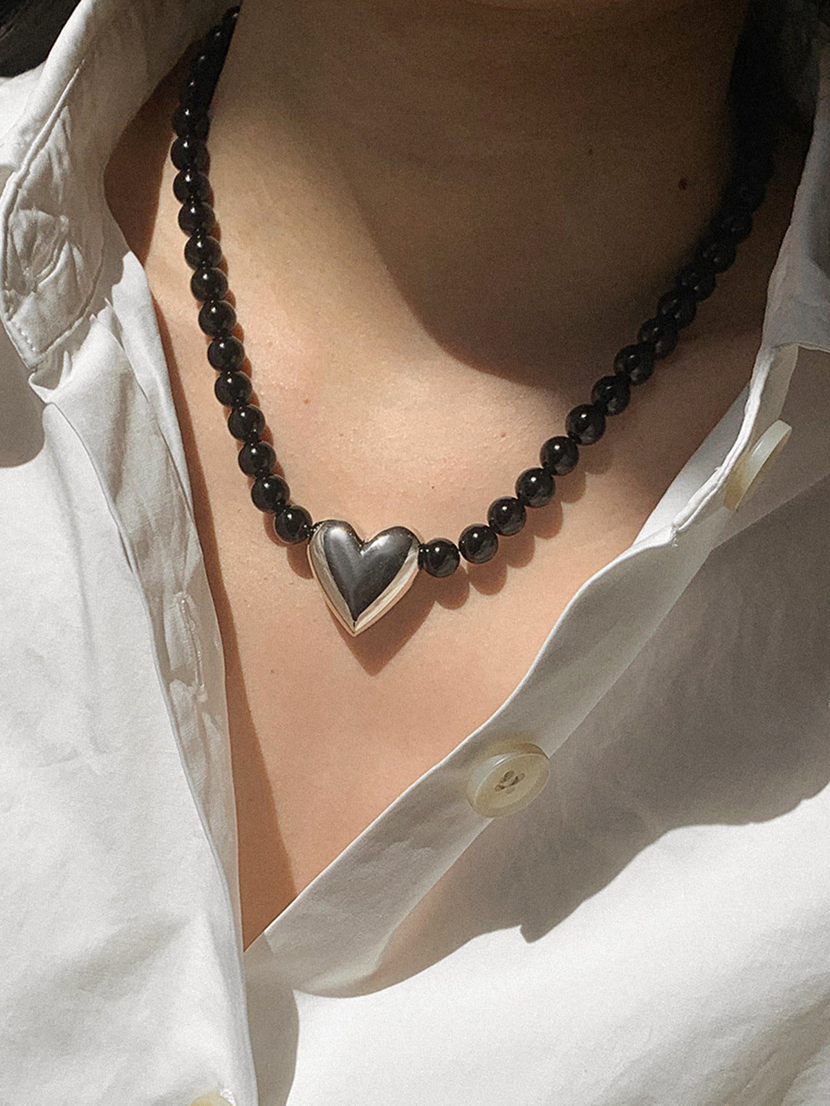 Black Onyx Heart Necklace — Titanium Steel — Svelte Chic