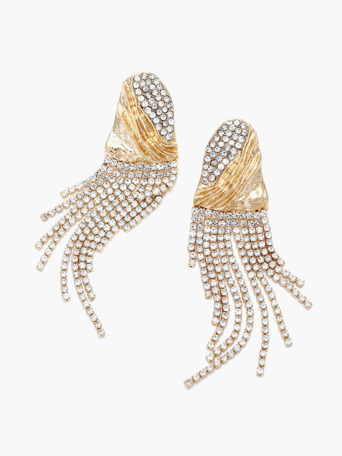 Crinkled Metal Rhinestone Drop Earrings — Gold — Svelte Chic
