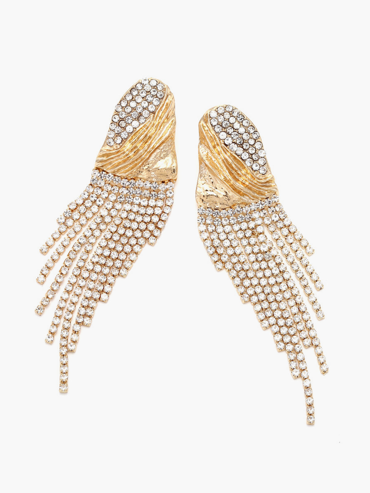 Crinkled Metal Rhinestone Drop Earrings — Gold — Svelte Chic