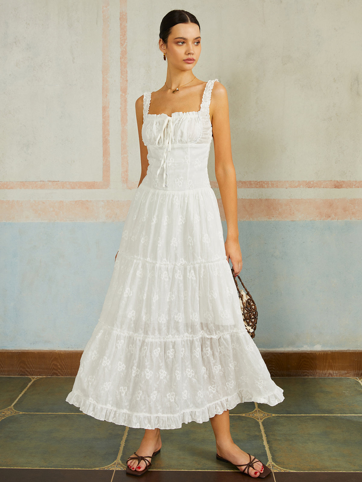 Ruffle Hem Embroidered Maxi Dress in White — Svelte Chic