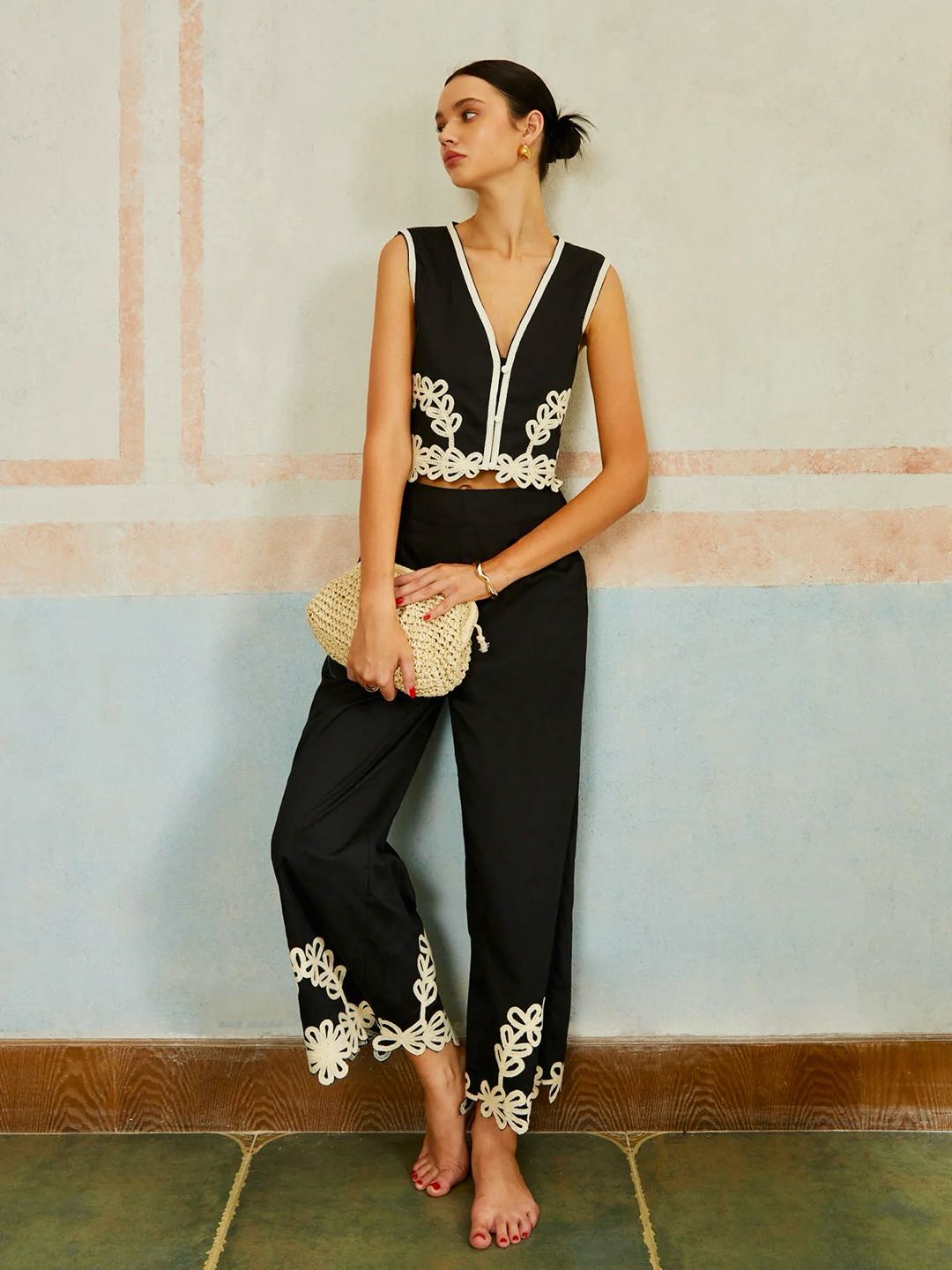 Embroidered Sleeveless Trouser Set — Black in Black — Svelte Chic
