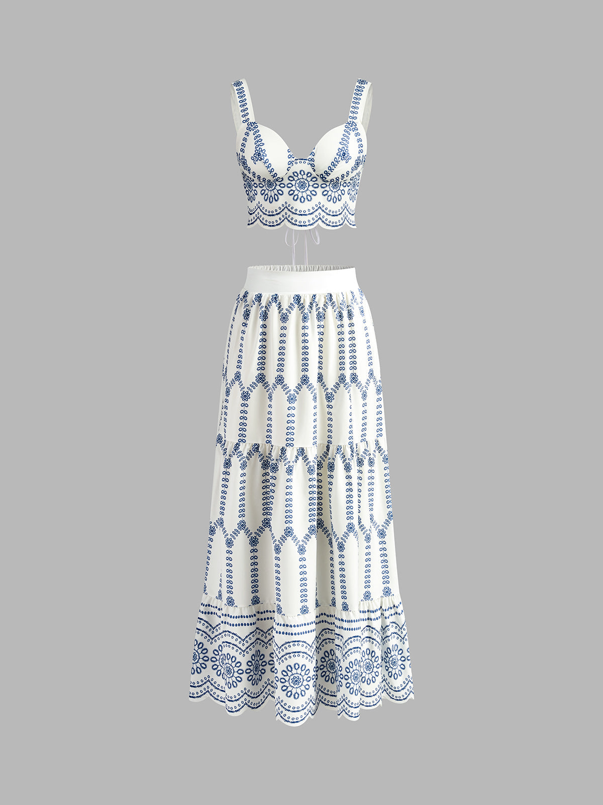 Embroidered Tie-Back Skirt Set in Blue & White — Svelte Chic