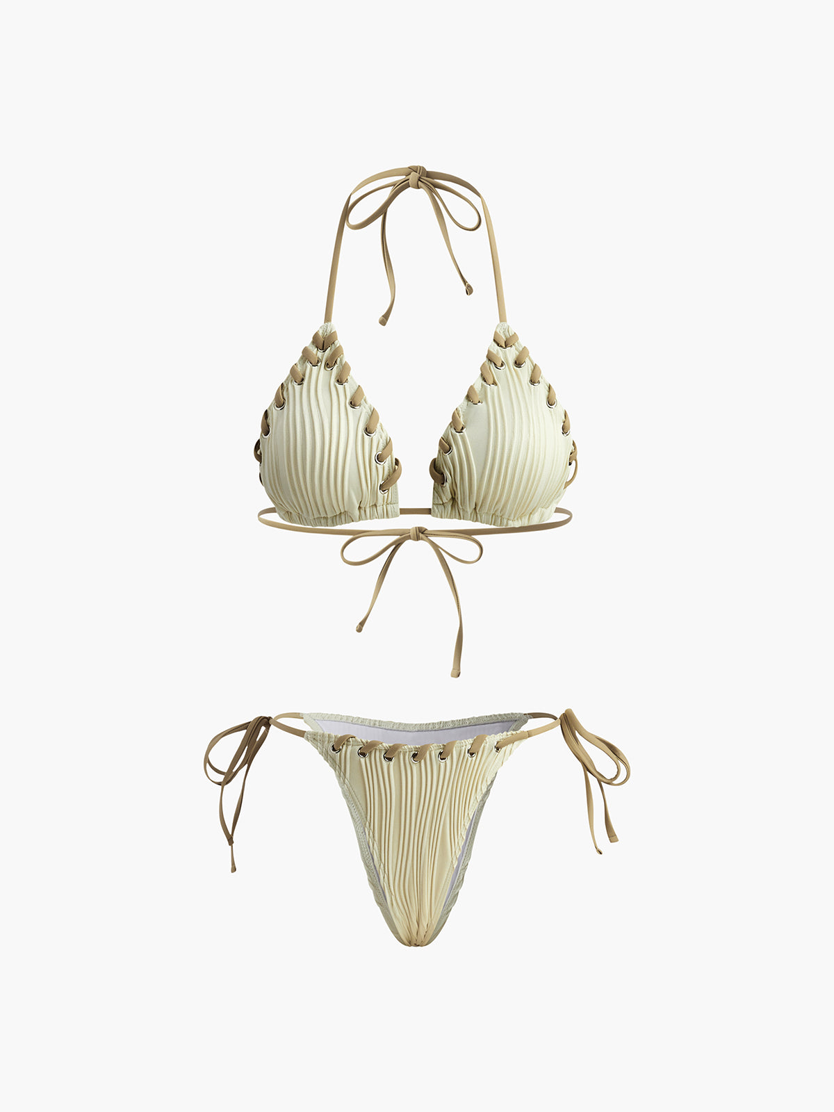 Grommet Lace-Up Ruched Bikini Set in Beige — Svelte Chic