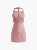 Halter Backless Gold Button Mini Dress in Pink — Svelte Chic