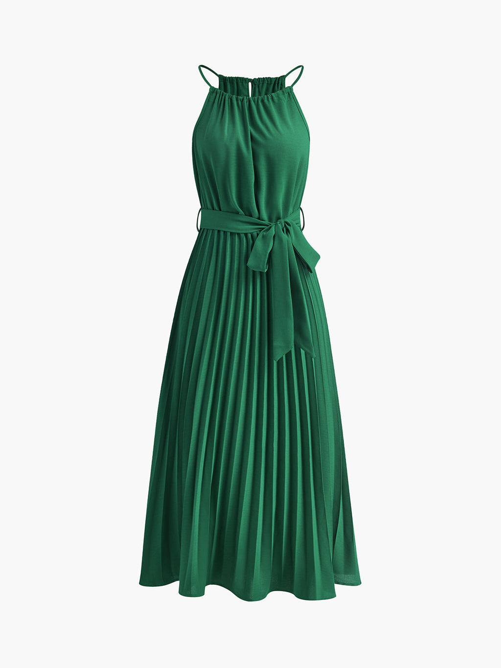 Halter Belted Pleated Midi Dress in Green — Svelte Chic