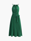Halter Belted Pleated Midi Dress in Green — Svelte Chic