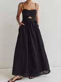 Cotton Sleeveless Pocket Maxi Dress in Black — Svelte Chic