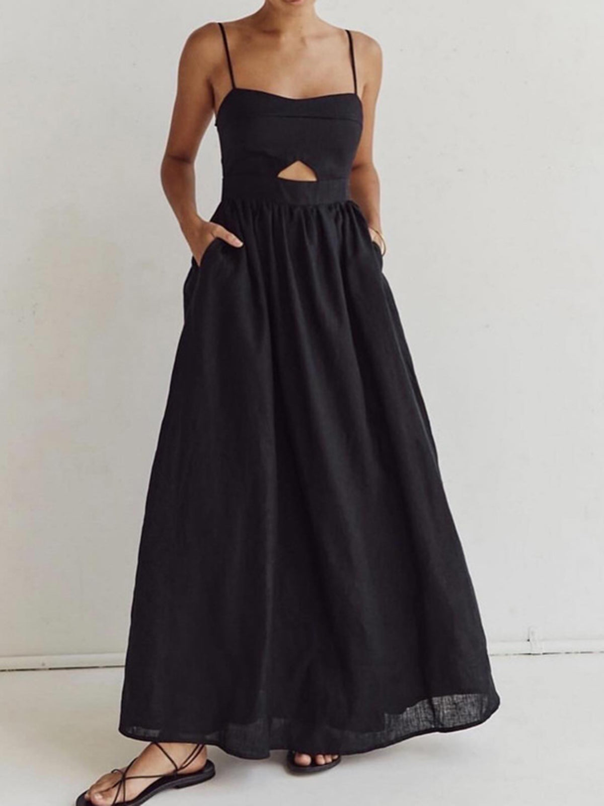 Cotton Sleeveless Pocket Maxi Dress in Black — Svelte Chic