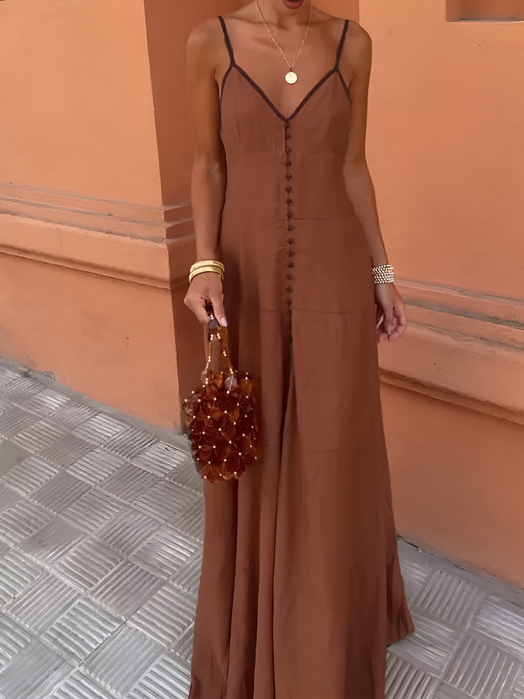 Contrast Binding Button Cami Maxi Dress — Svelte Chic