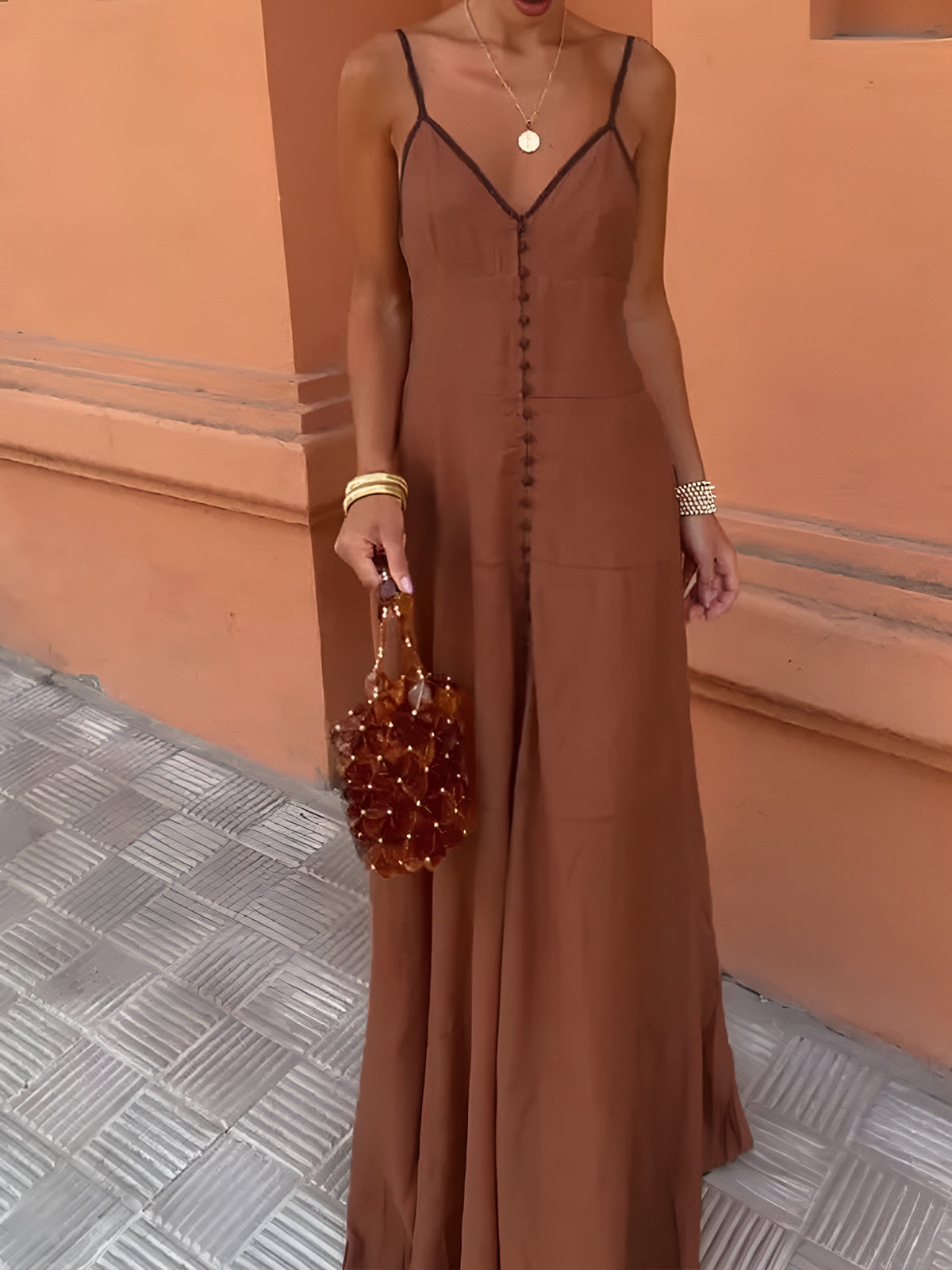 Contrast Binding Button Cami Maxi Dress — Svelte Chic