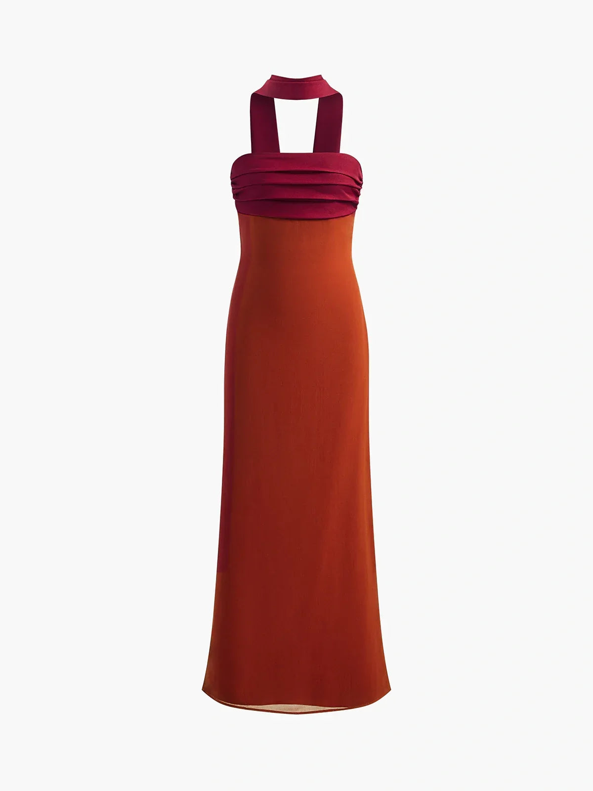 Pleated Panel Halter Maxi Dress in Orange Red — Svelte Chic