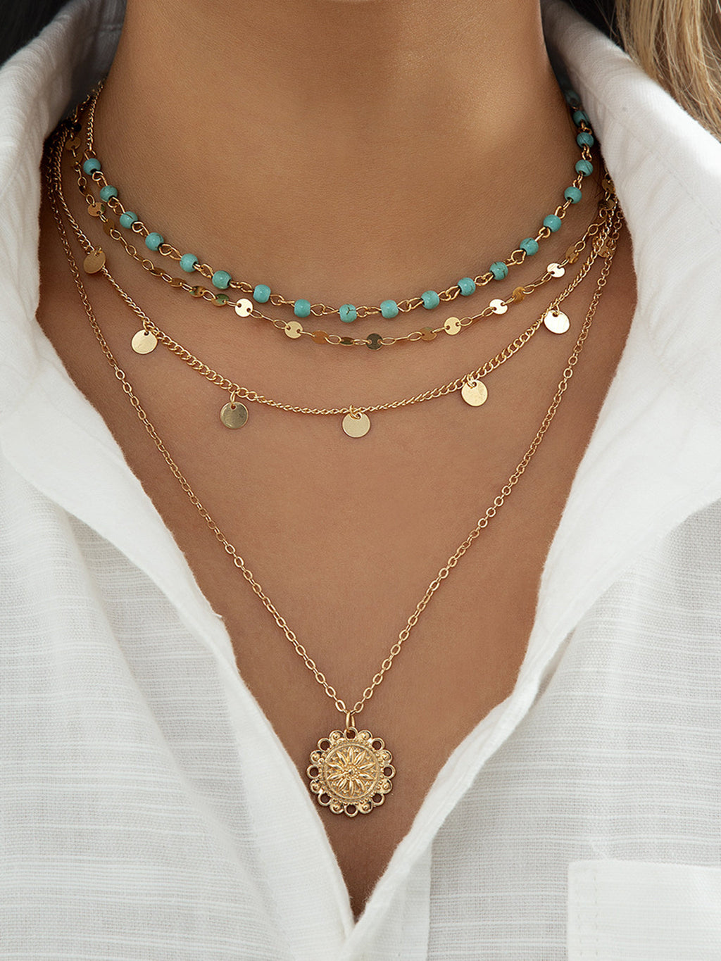 Turquoise Layered Necklace in Gold — Svelte Chic