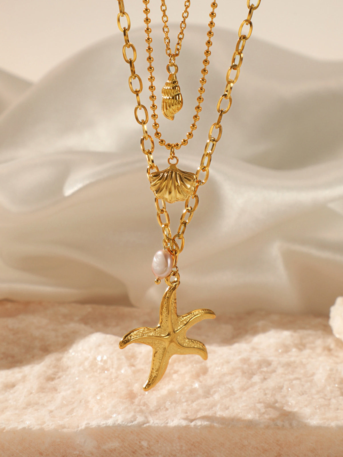 Triple Layer Pearl Starfish Necklace — Svelte Chic