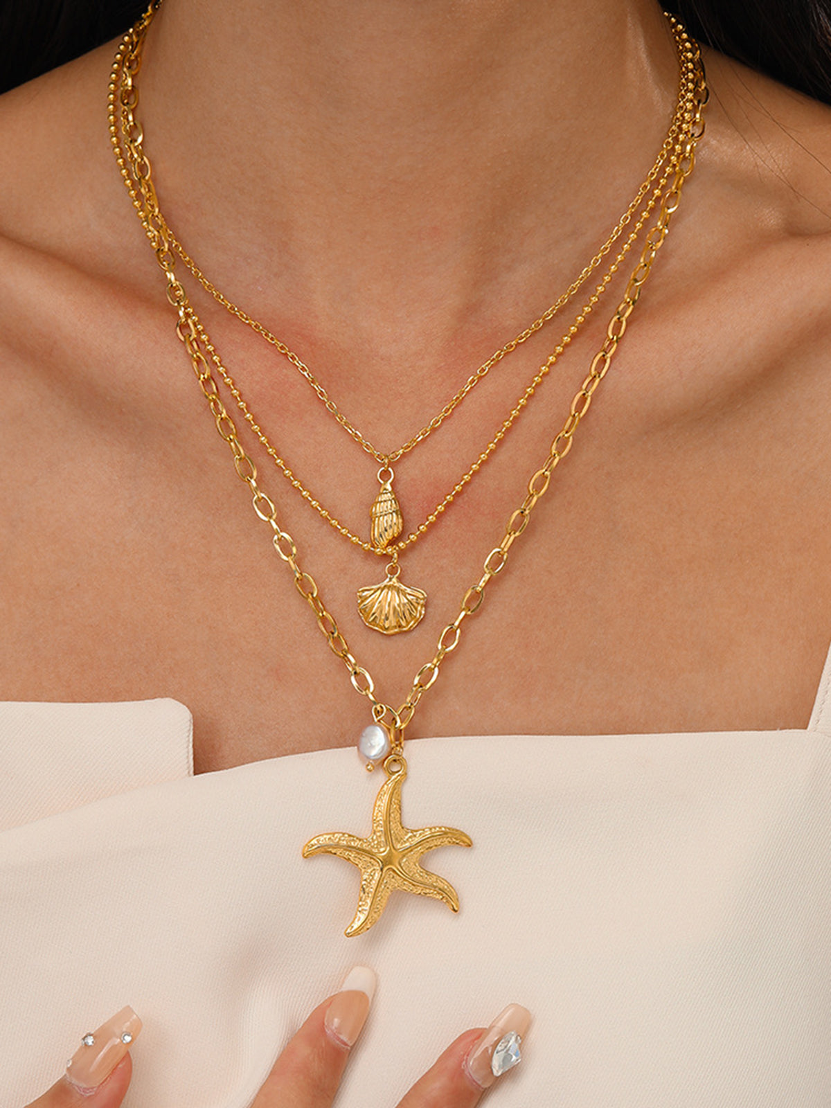 Triple Layer Pearl Starfish Necklace in Gold — Svelte Chic
